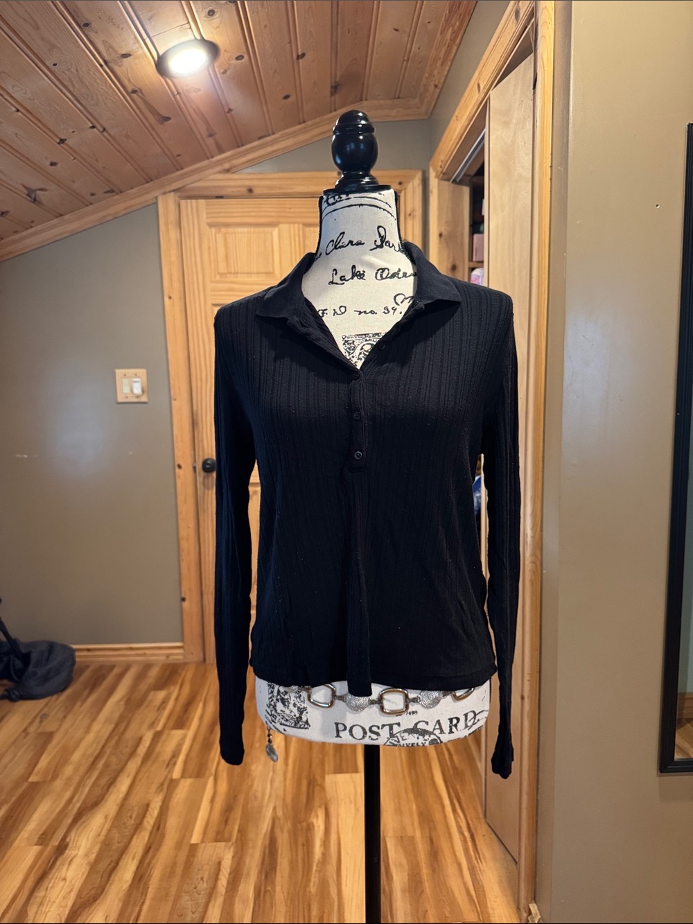 H&M Black Ribbed Button-Down Long Sleeve Top